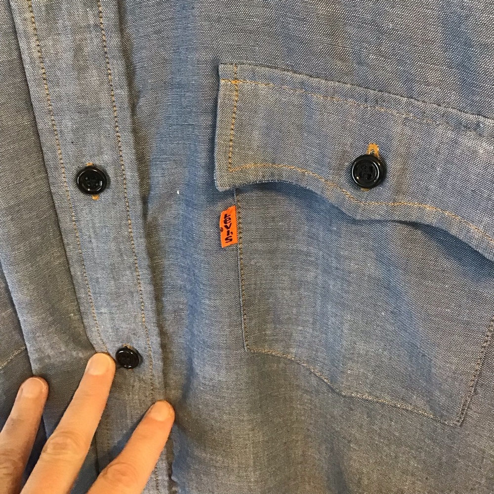 LEVI'S VTG 70's Chambray Blue Embroidered Rose Long Sleeve Orange Tab Shirt XL - Picture 5 of 7